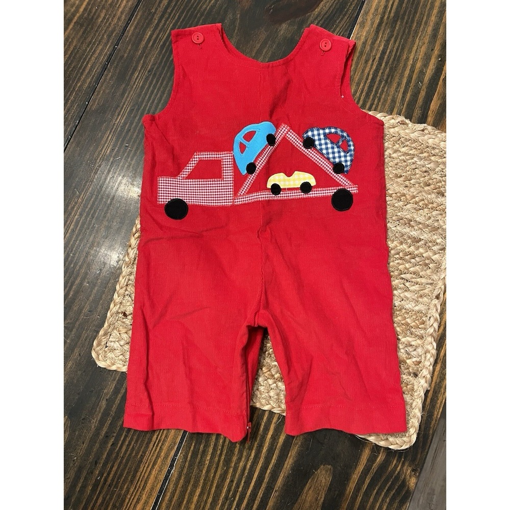 Funtasia‎ Too Velvet Red Longall Cars Smocked Jon Jon Appliqué 3 Month