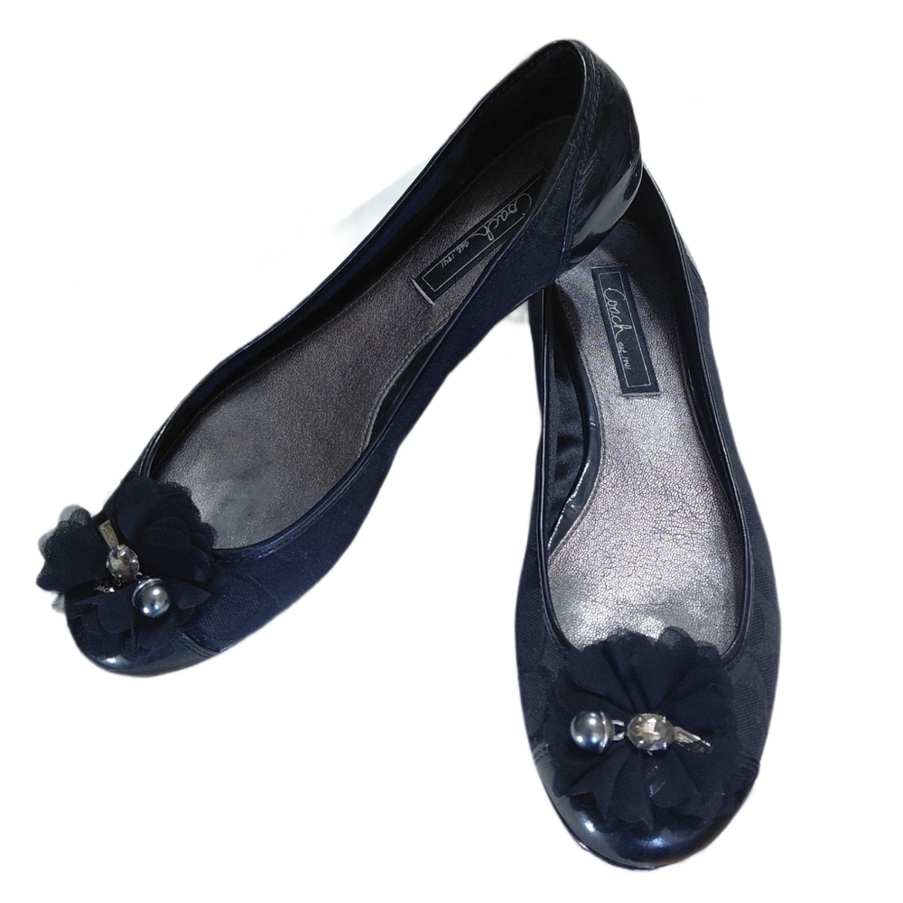 Coach Poppy Black Jacquard Flats with Floral Rhinestone Detail Size 9.5