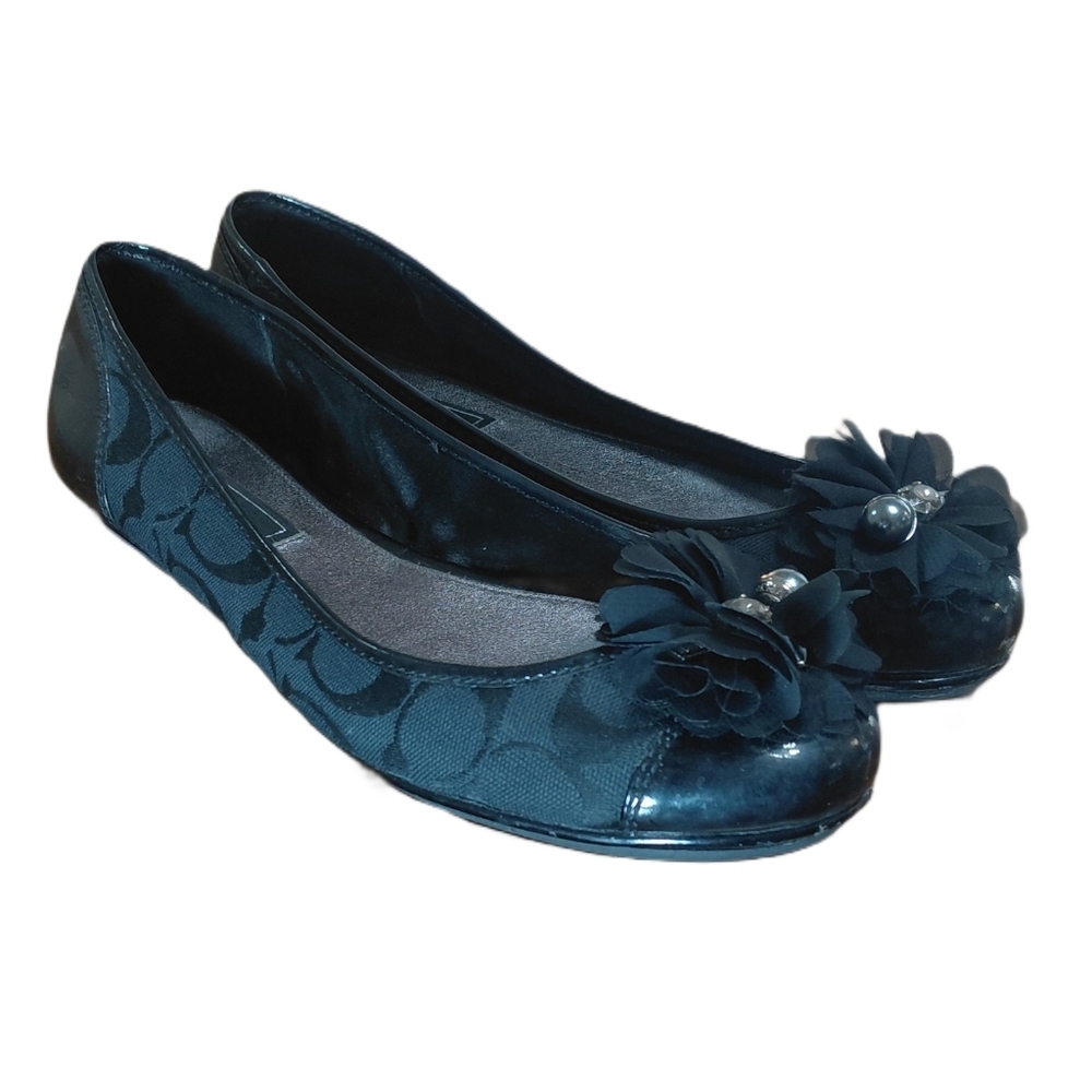 Coach Poppy Black Jacquard Flats with Floral Rhinestone Detail Size 9.5 - Picture 11 of 11