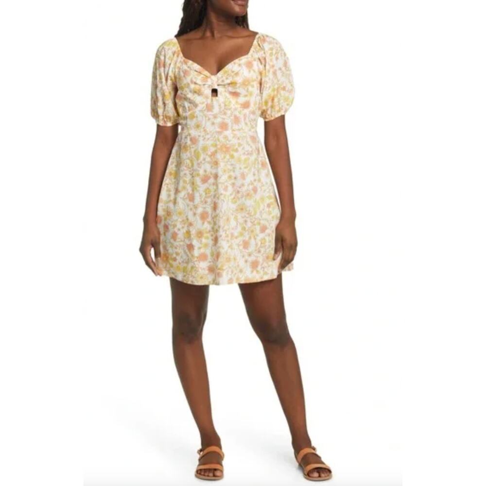 Billabong Yellow Floral Puff Sleeve Sweetheart Mini Dress- Size L