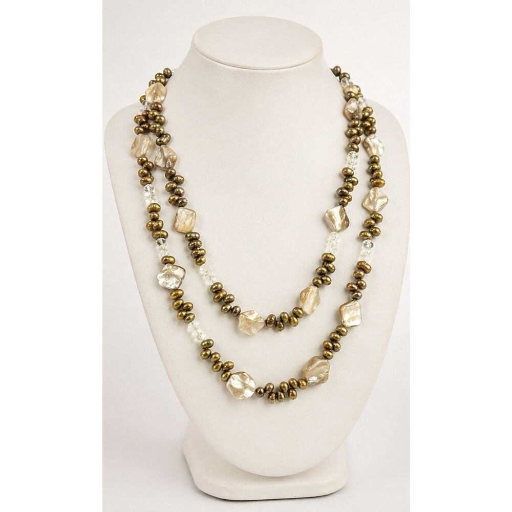 2pc Freshwater Pearl Necklace Set 17” Gold Olive Baroque Shell Beaded Boho