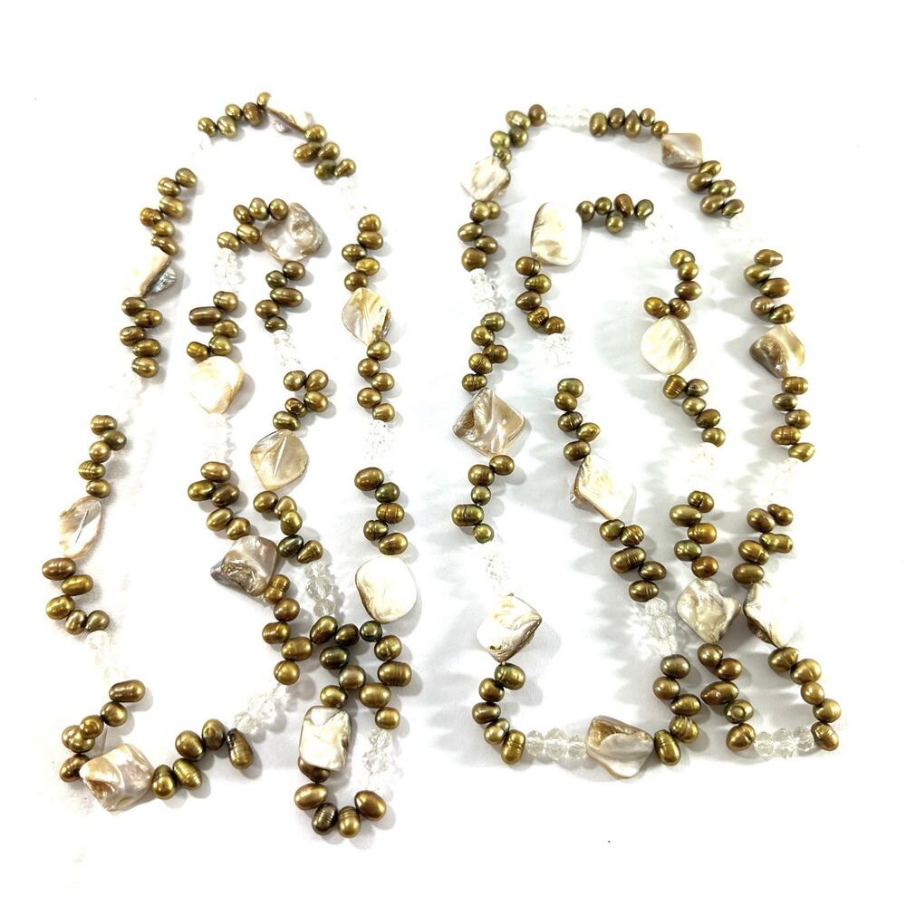 2pc Freshwater Pearl Necklace Set 17” Gold Olive Baroque Shell Beaded Boho - Picture 4 of 7