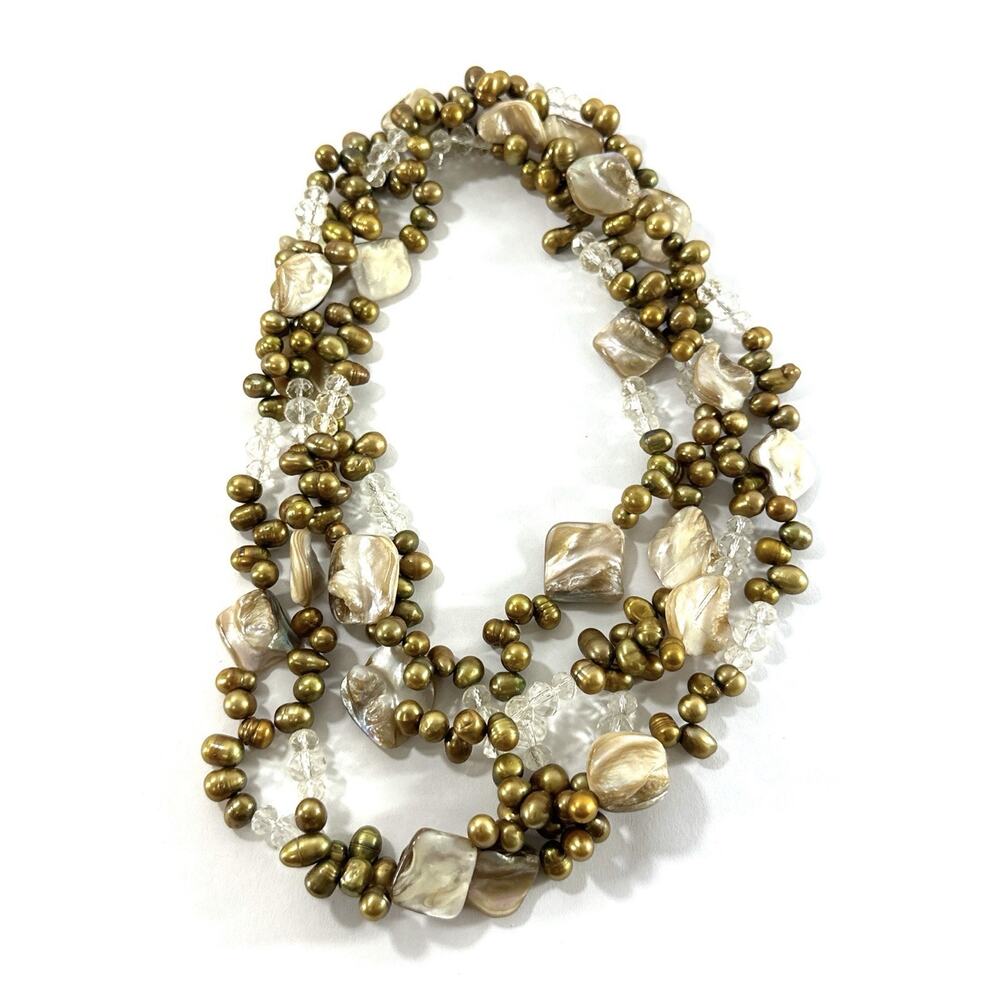2pc Freshwater Pearl Necklace Set 17” Gold Olive Baroque Shell Beaded Boho - Picture 3 of 7