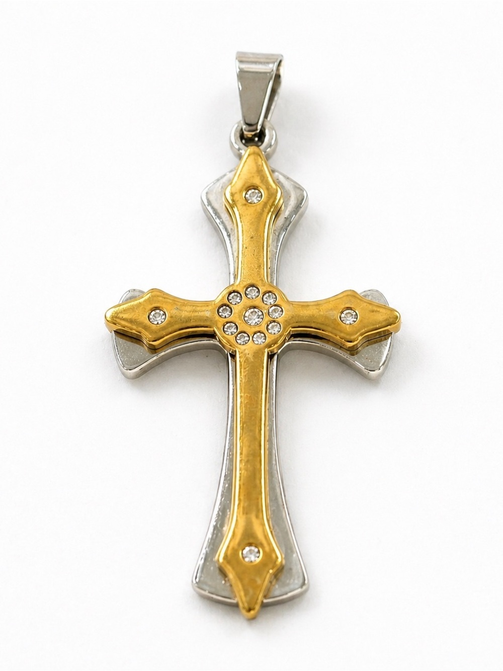 Two Tone Cross Pendant Gold Silver Tone Rhinestone Accent 2.25”