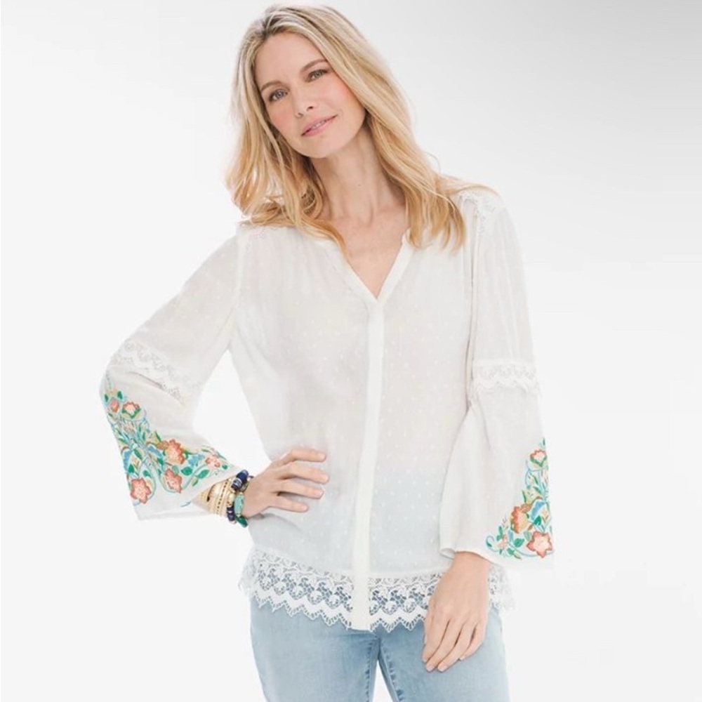 Chico’s Swiss Dot Button Up Shirt Women’s Large (2) White Lace Embroidered Modal