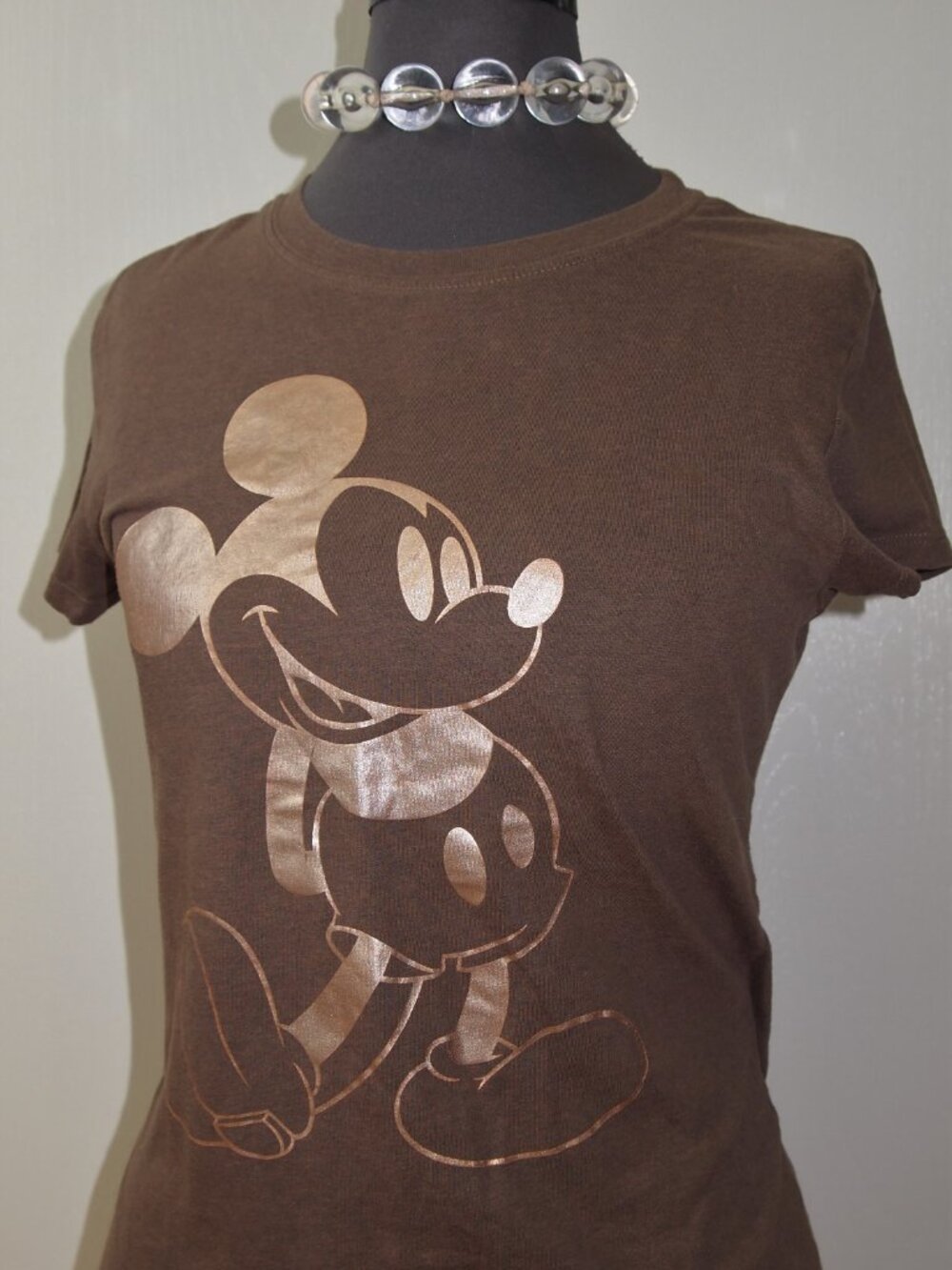 Retro Rose Gold Coquette Baby Tee Mickey Mouse Disney Fitted Crewneck Shirt Sz L