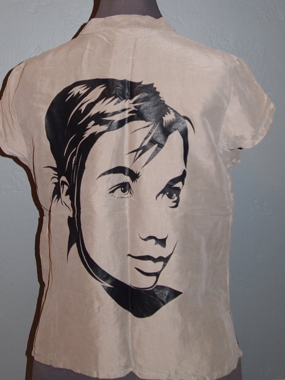 Vintage 90's silk Mandarin collar art baby tee blouse w/ Bjork inspired graphic