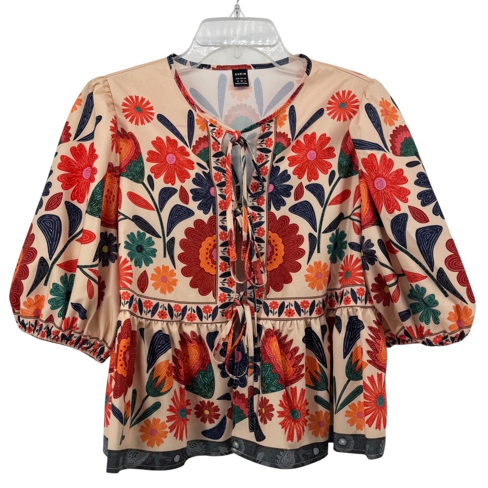 SHEIN‎ Womens Floral Tie Front Top Festival Artsy Boho Folk Ethnic Size Medium