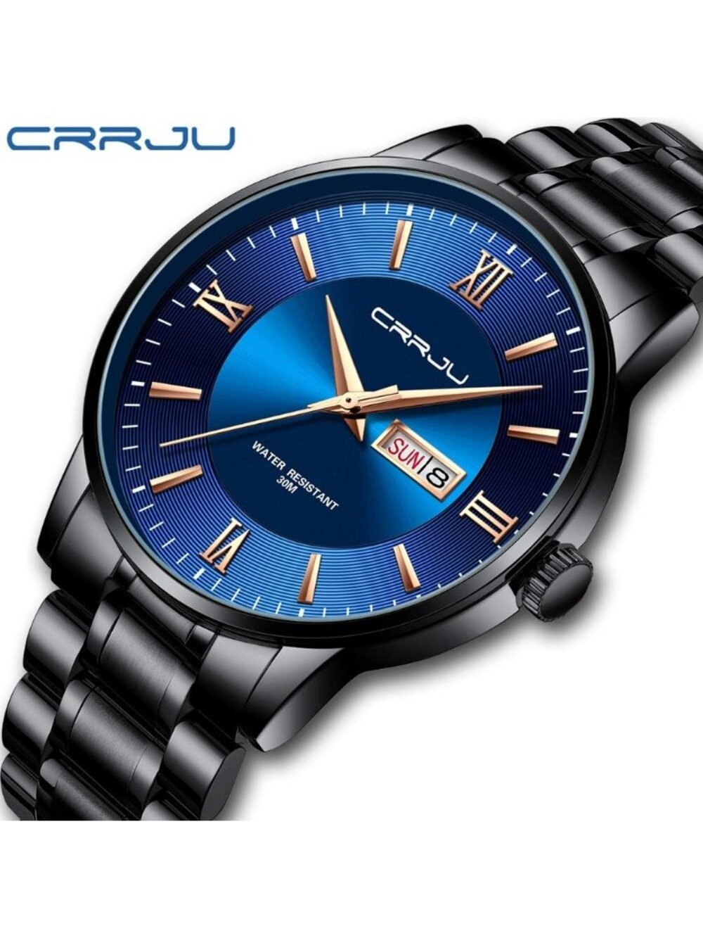 Men's Black Blue Luxury Stainless Steel Chronograph Analog Quartz Round Watch - Picture 2 of 6