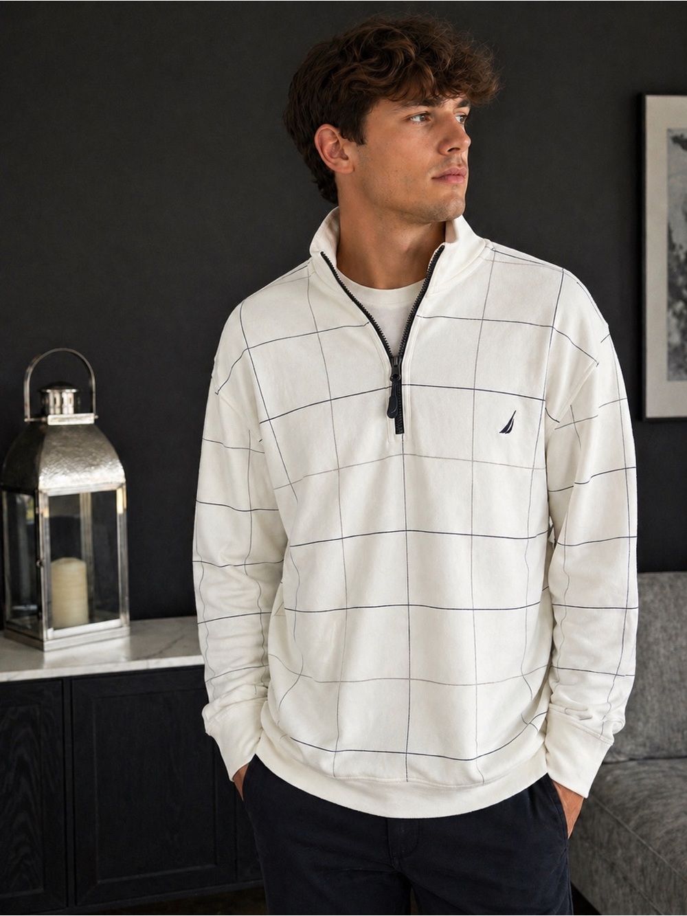 Nautica Quarter Zip Pullover XXL Men’s White Grid Pattern Fleece Sweatshirt NWT