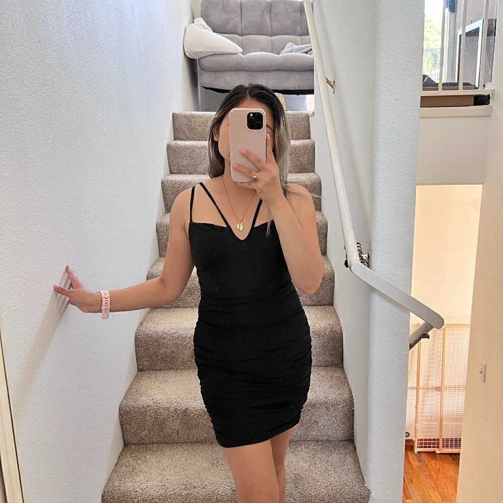 Tiger Mist Black Double Strap Ruched Bodycon Mini Dress S‌‌‌‌‌‌‌‌ - Picture 2 of 10