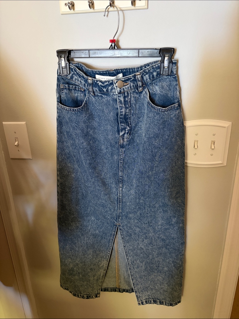 Altar'd State Blue Denim Midi Skirt with Front Slit
