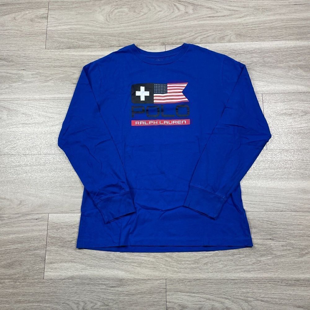 Polo Ralph Lauren Shirt Mens Large Blue American Flag Spell Out Long Sleeve