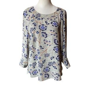 Daniel Rainn Jinnie Zipper Detail Blouse Size S Blue Floral Roomy Career Casual