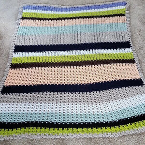 Handmade Striped‎ Mulit Color Crochet Afghan  Blanket Approx. 61 x 46 Grey Trim