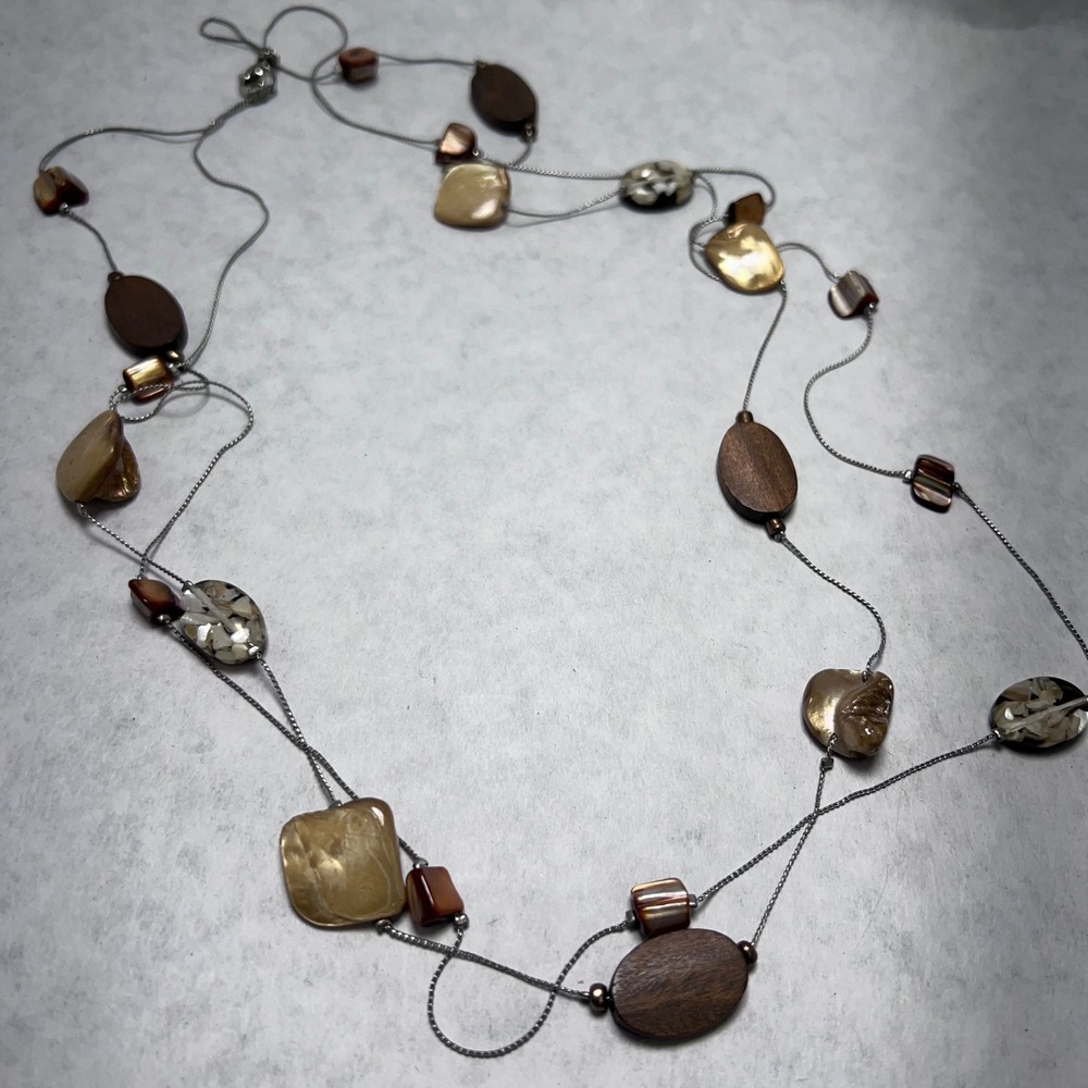 Elegant Mixed‎ Media Beaded Necklace Silver Tone Long Layering Statement