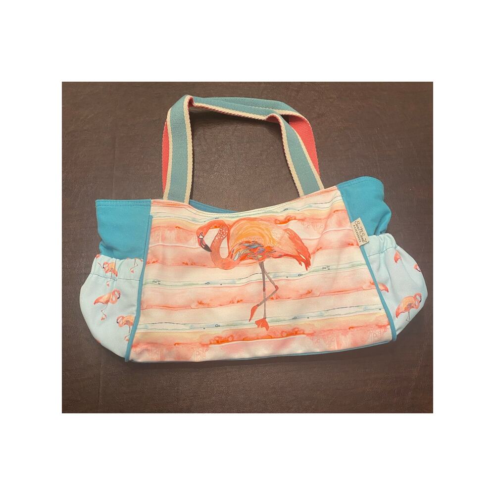 Sun N' Sand Flamingo Large Zip Top‎ Canvas Shoulder Bag Elastic Side Pockets