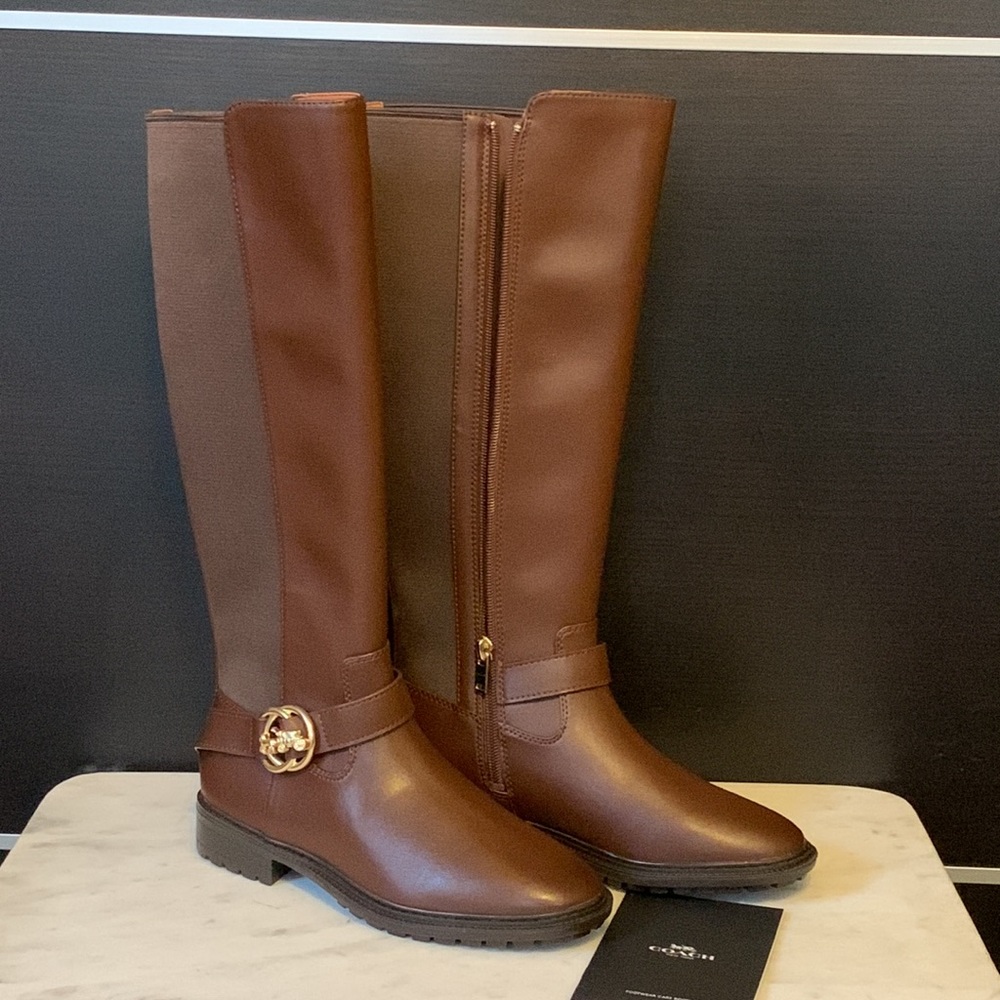 Coach Farrah Logo Buckle Tall Riding Boots in Brown - Picture 2 of 15
