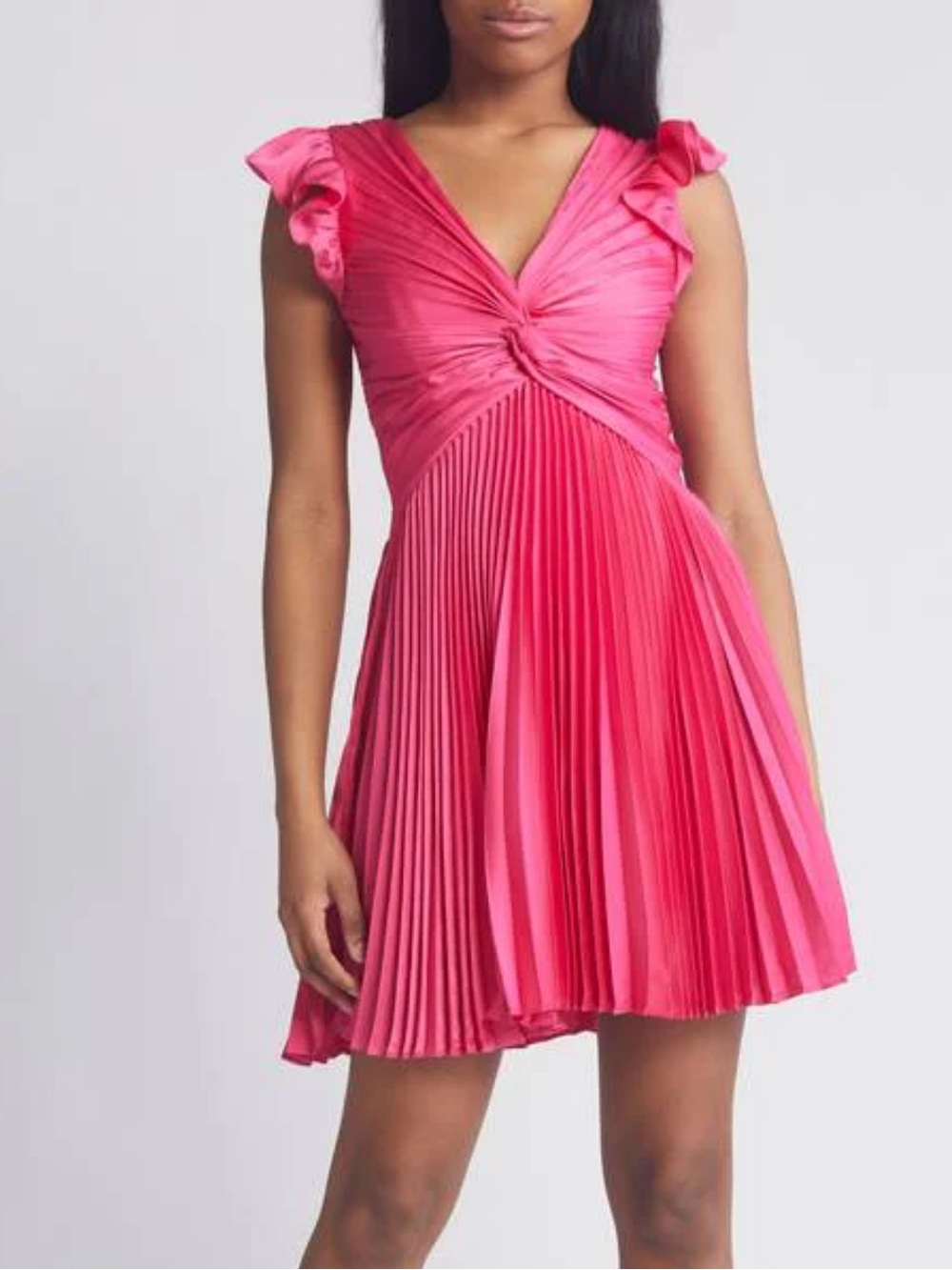 Moon River Hot Pink Pleated Twist-Front Mini Dress