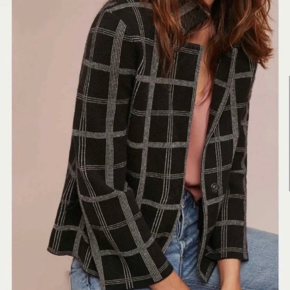 Moth‎ Anthropologie Small Black White Windowpane Plaid Knit Blazer Cardigan