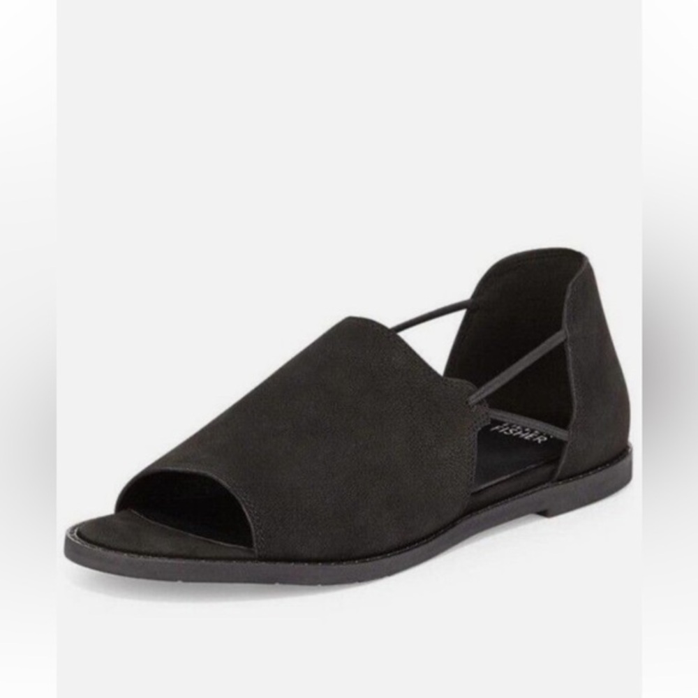 Eileen Fisher‎ Black Nubuck Leather Open-Toe d'Orsay Flats Size 8.5