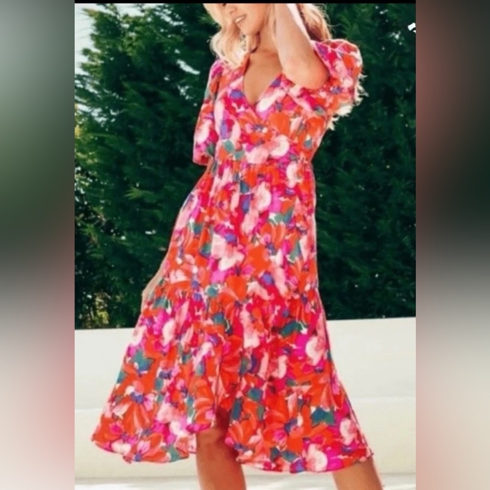 Abel The Label Anthropologie Floral Print V Neck Hi-Low Women's Dress