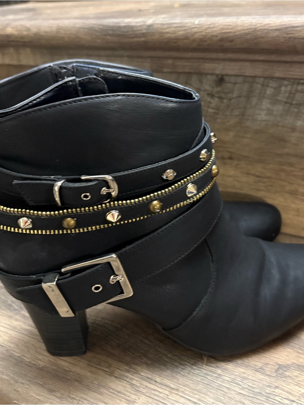 Jennifer Lopez Black Ankle Boot with Stud and Buckle Trim