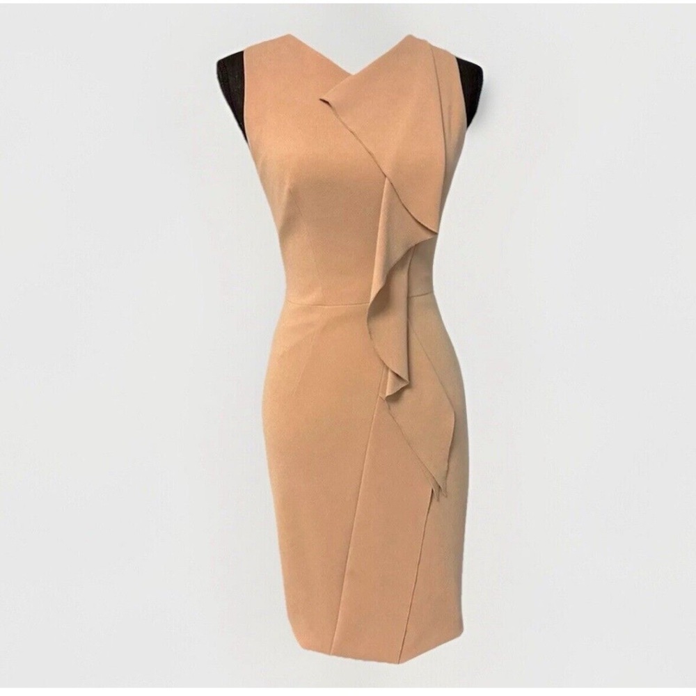 A131 Karen Millen Camel Sculpted Draped Sheath Dress | Size US 8 | Worn on TV!