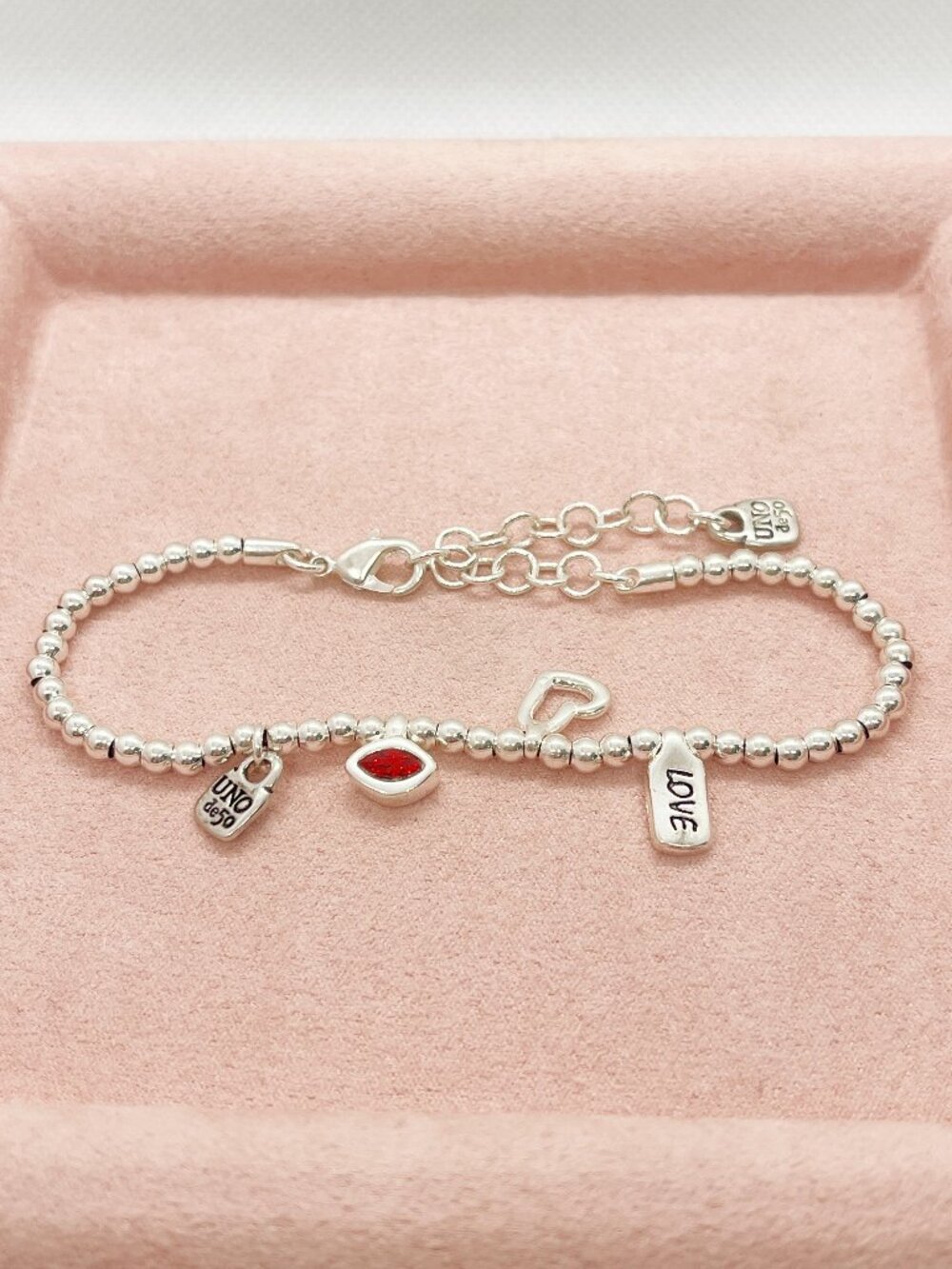 UNO de 50 Style Silver Beaded Bracelet with LOVE & Crystal Charms