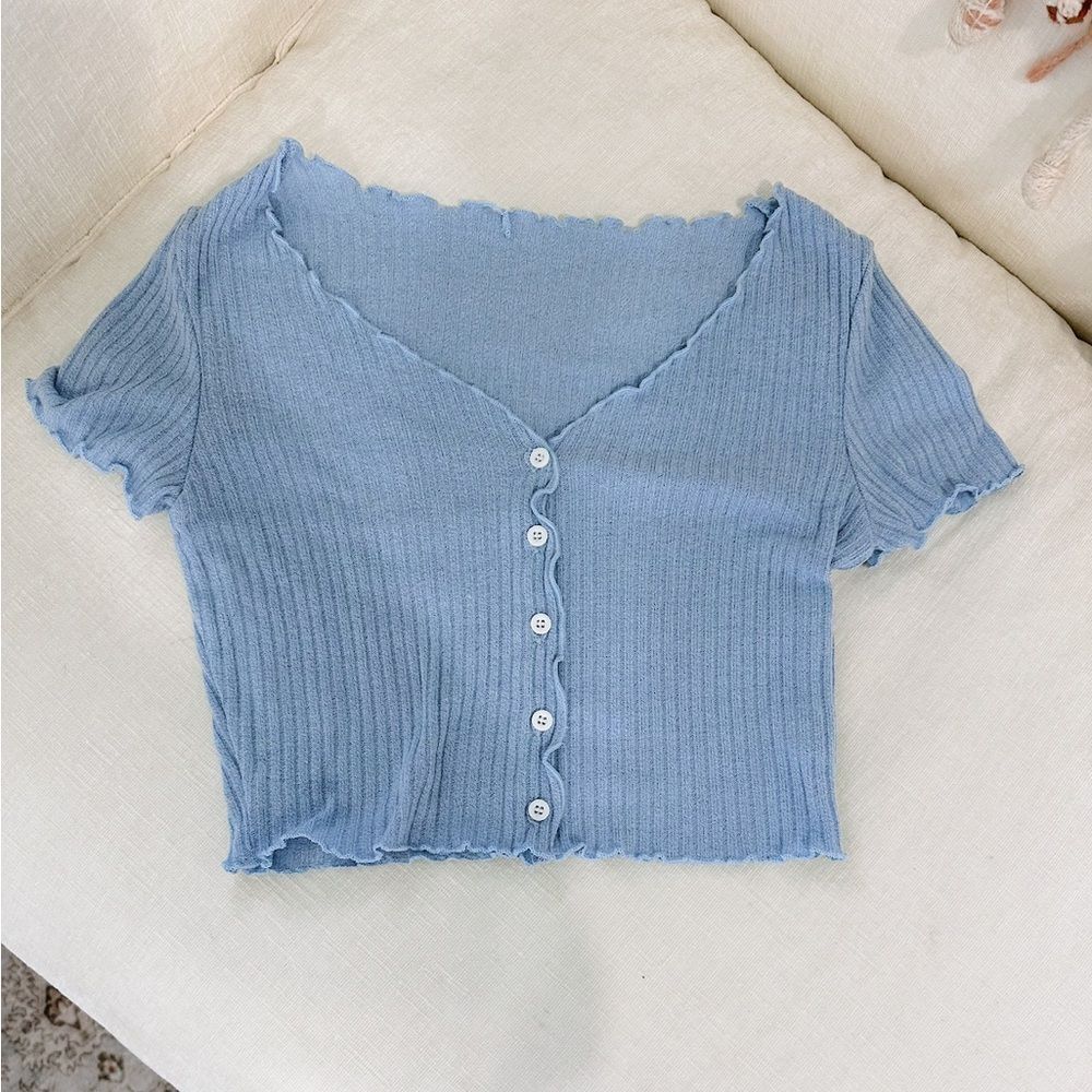 SHEIN Blue Ribbed Button-Up Women's Top