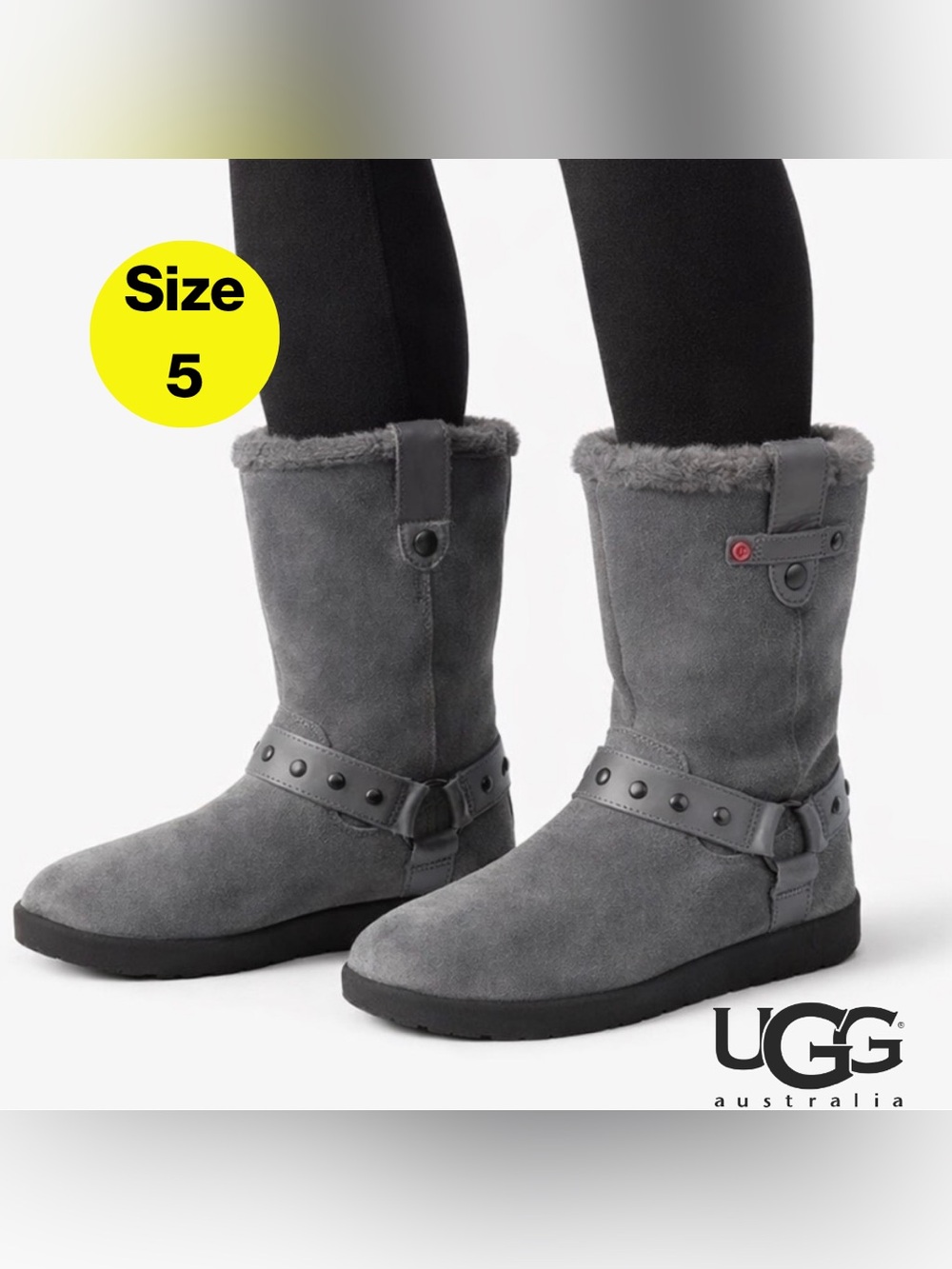 UGG 🩶 Light Charcoal Fur Boots with Ankle Strap, Heart Accent (Size 5)