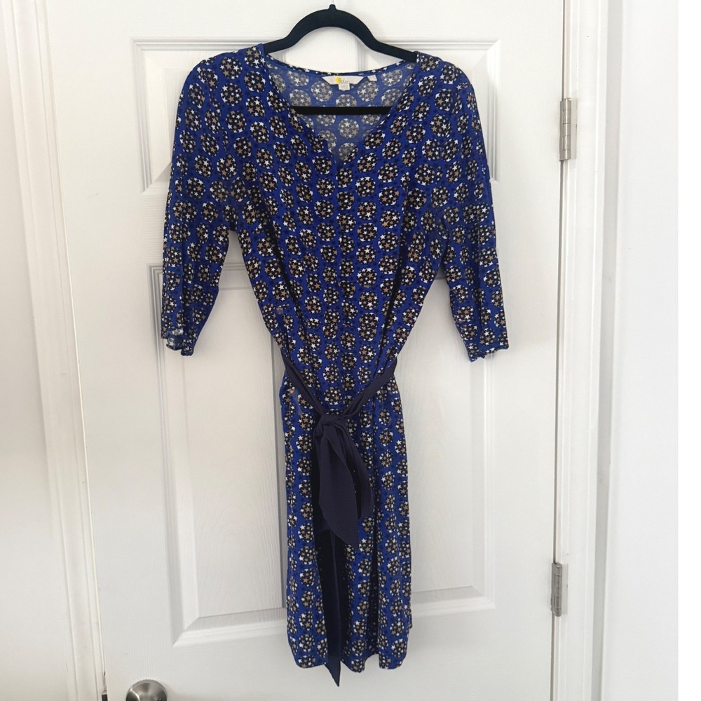 Boden Blue Star Print‎ Jersey Tie Waist Dress with Pockets 8 Belted Novelty Fun