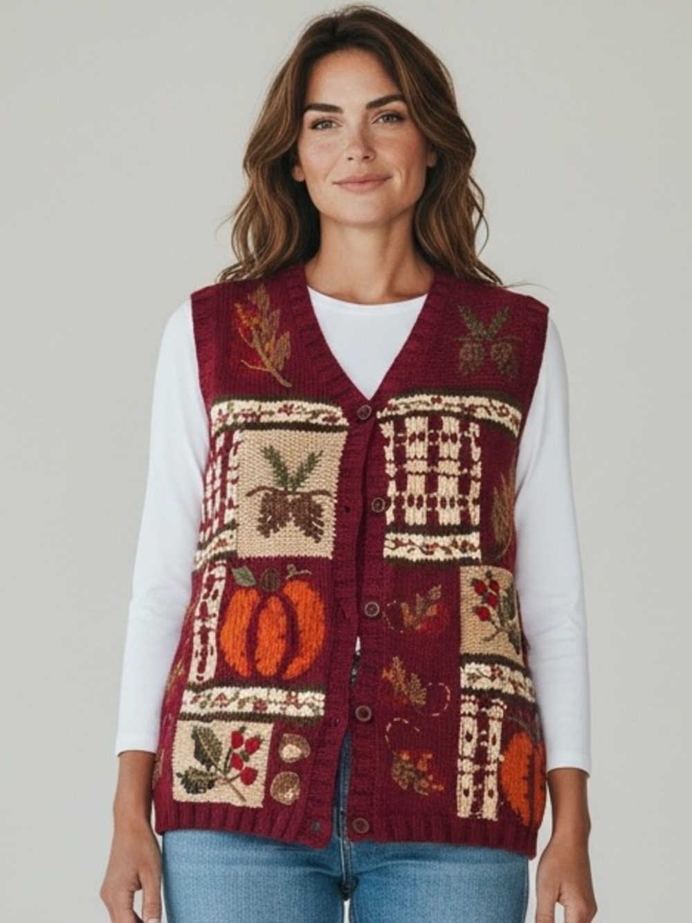 Vintage Croft & Barrow Burgundy Fall Patchwork Knit Vest with Pumpkin Motif