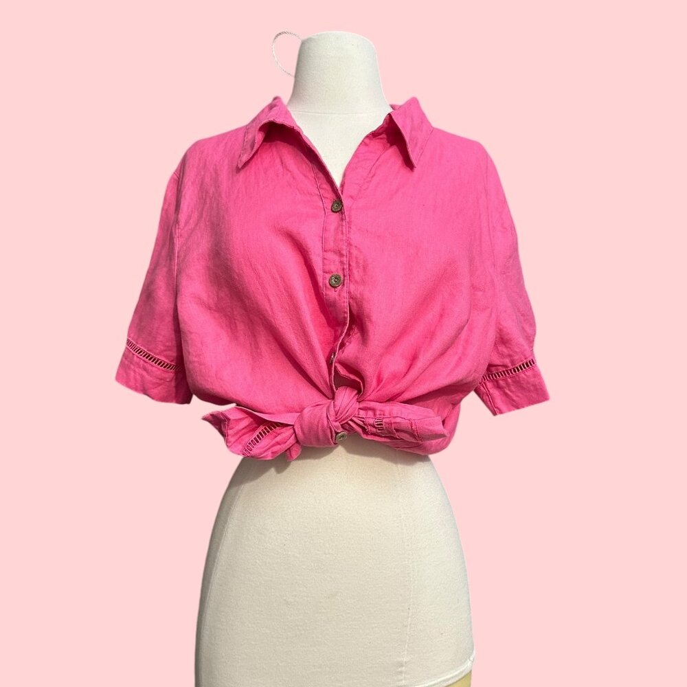 Vintage Hot Pink Barbie Core 100% Linen Short‎ Sleeve Blouse