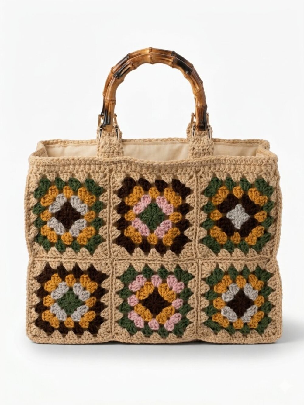 Boho Crochet Granny Square Tote w/ Bamboo Handles Colorful NWT