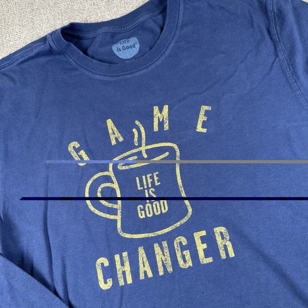 Life Is Good Crusher T Shirt M Game Changer Coffee Long Sleeve Mens Blue
