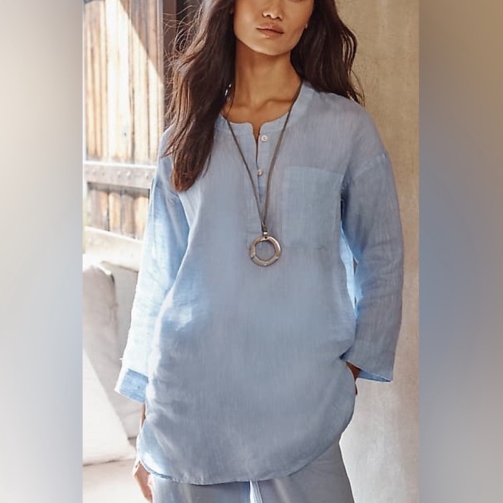 PURE JILL Linen One Pocket Tunic in Quarry Blue Size Medium Petite