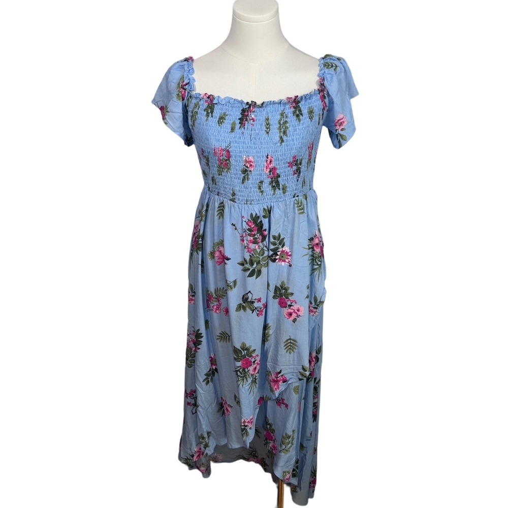 NWT Entro Blue Floral Smocked High Low Maxi Dress Large Cottagecore BabyDoll