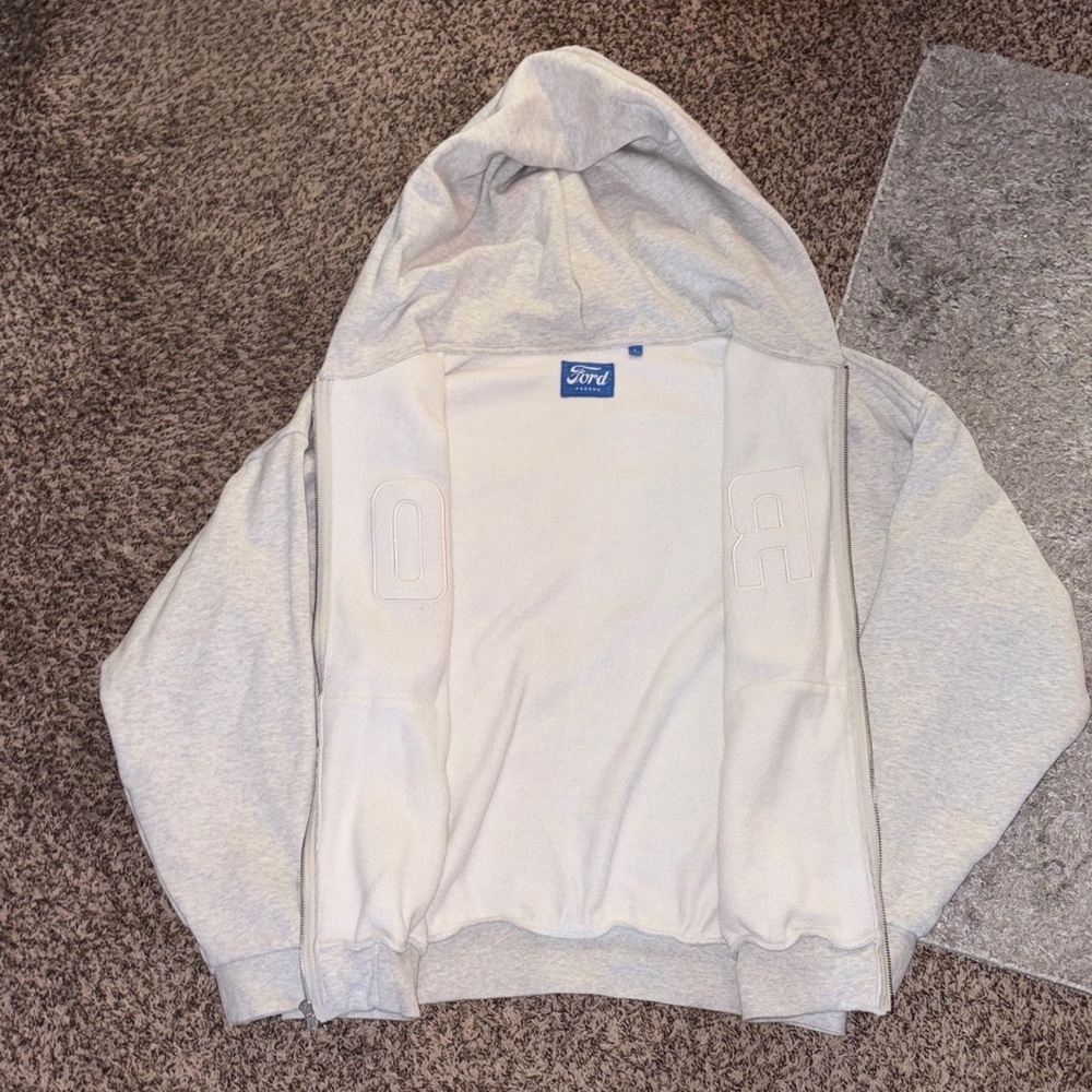PacSun/Ford Light Gray Oversized Zip-Up Hoodie w Navy Embroidered Letters - Picture 2 of 5