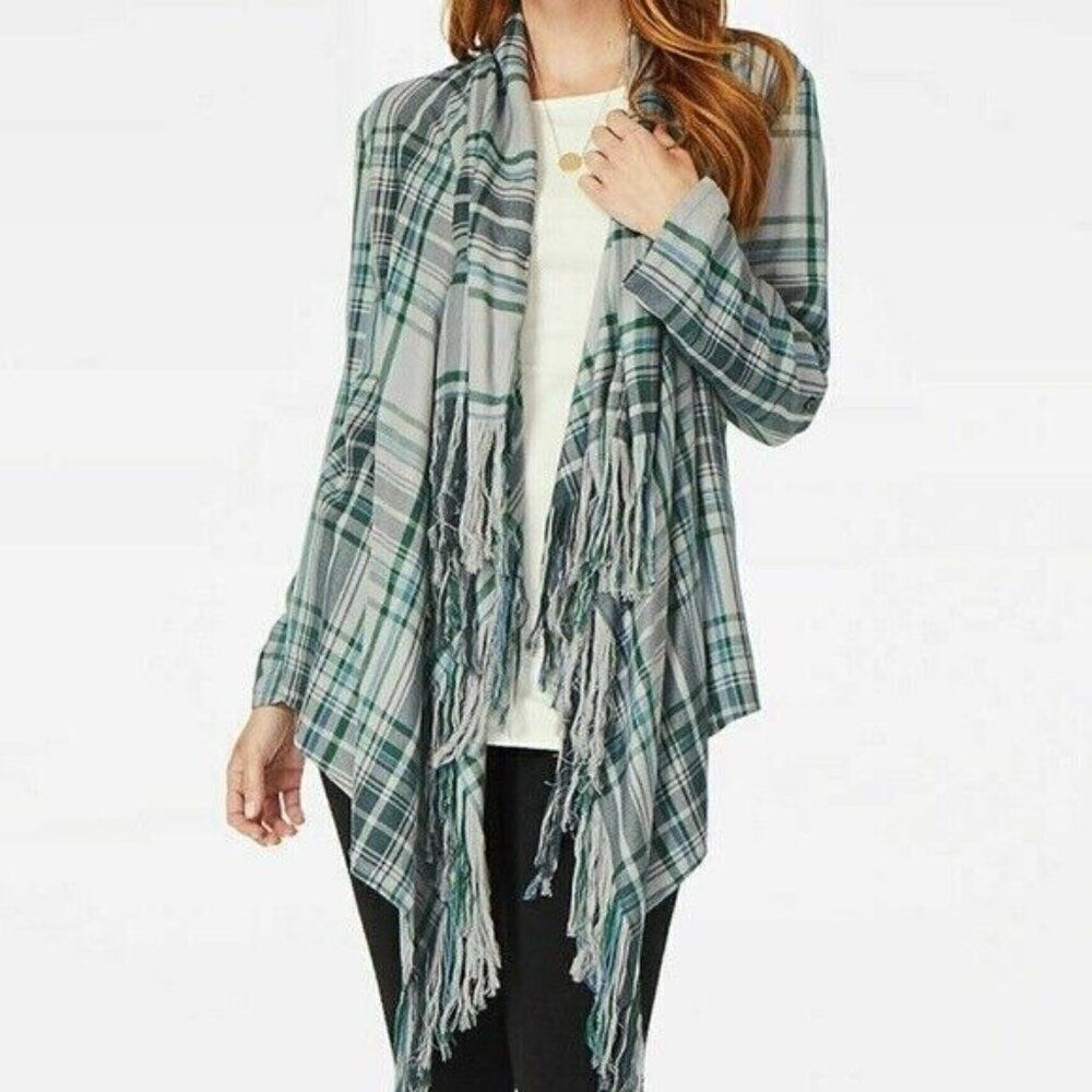 Matilda Jane Moments With You Form a Line Jacket Plaid Fringe Open‎ Front Sz Lg