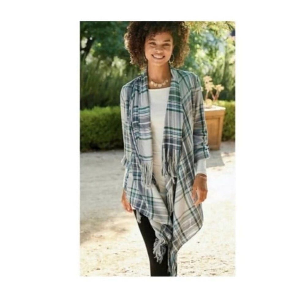 Matilda Jane Moments With You Form a Line Jacket Plaid Fringe Open‎ Front Sz Lg - Picture 2 of 15
