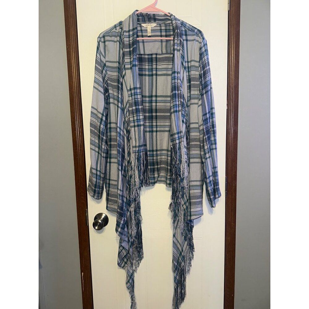 Matilda Jane Moments With You Form a Line Jacket Plaid Fringe Open‎ Front Sz Lg - Picture 3 of 15