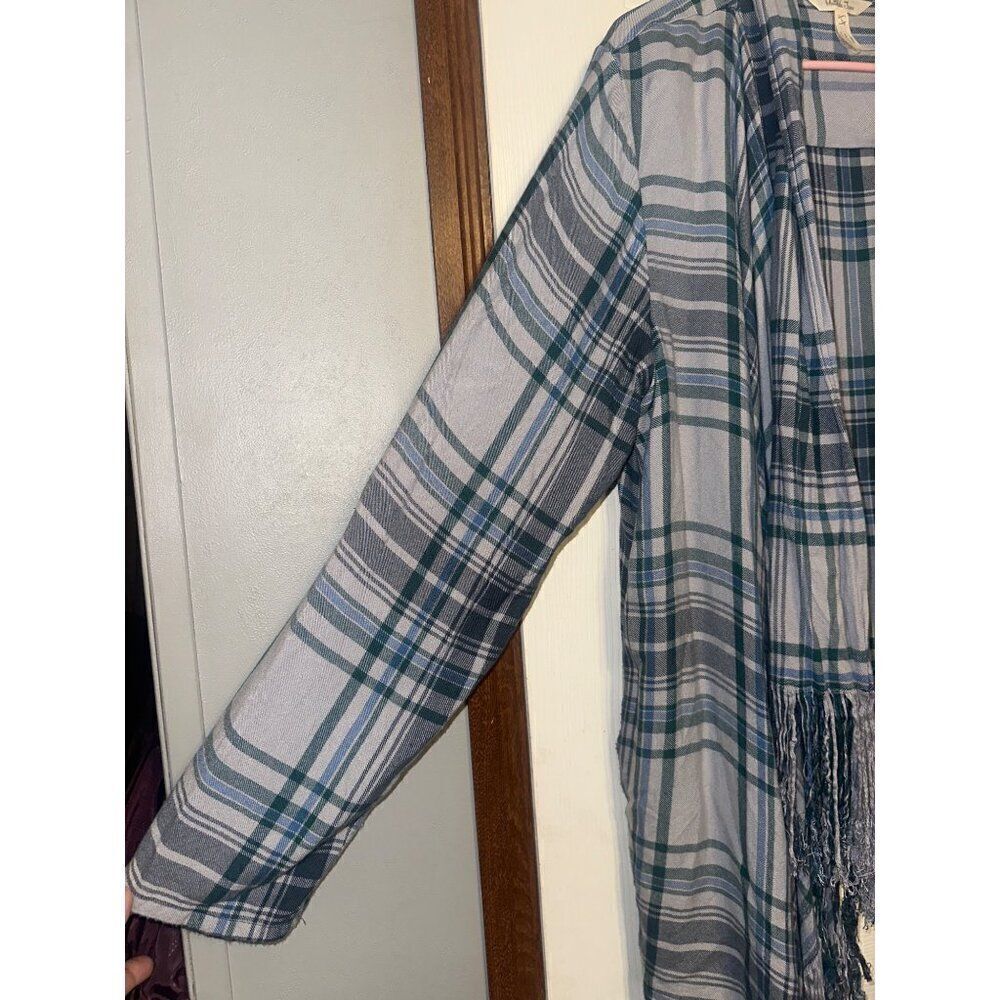 Matilda Jane Moments With You Form a Line Jacket Plaid Fringe Open‎ Front Sz Lg - Picture 8 of 15