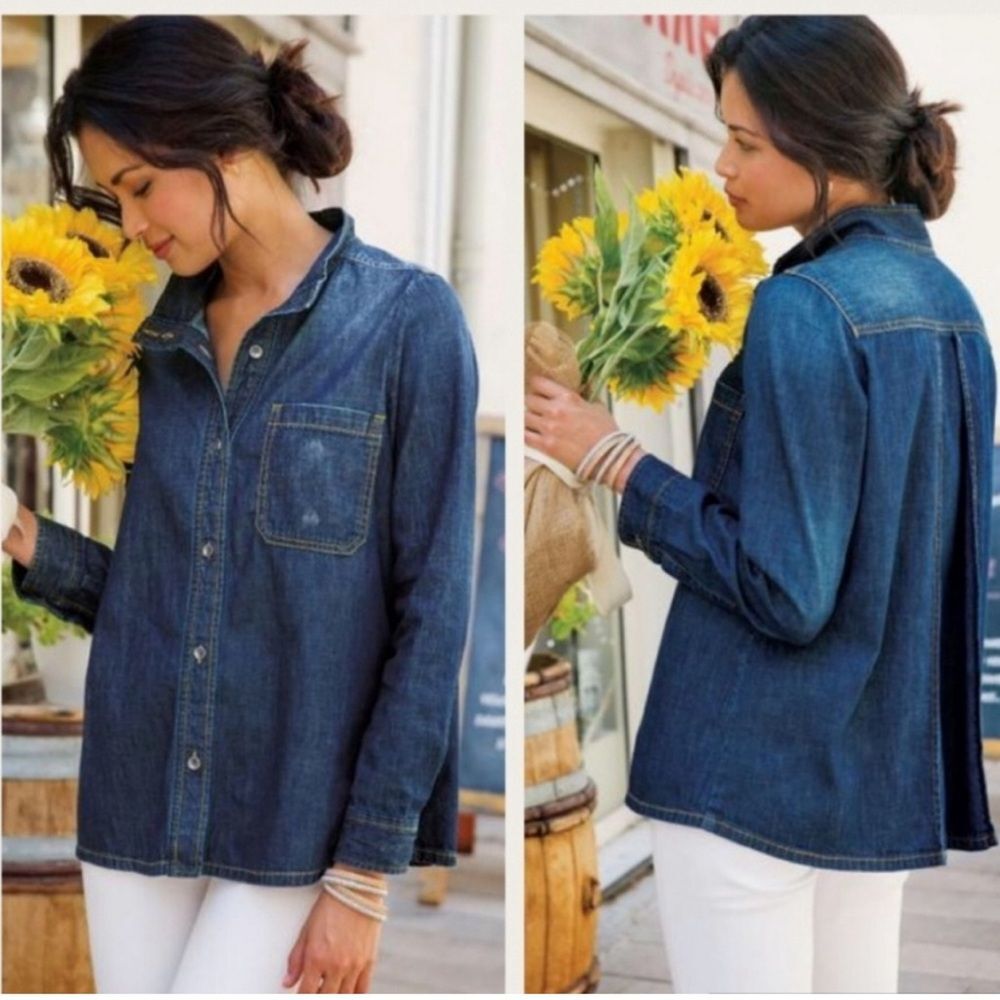 Soft Surroundings Peggy Distressed Denim Blue Blouse Shacket Topper Size Small