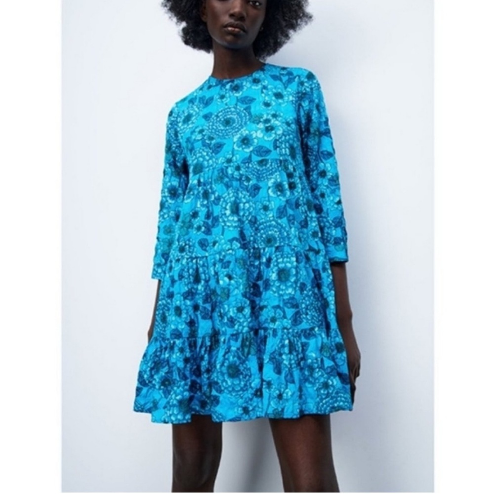Zara Sharon blue floral mini dress tiered swing babydoll  NEW without Tag size S