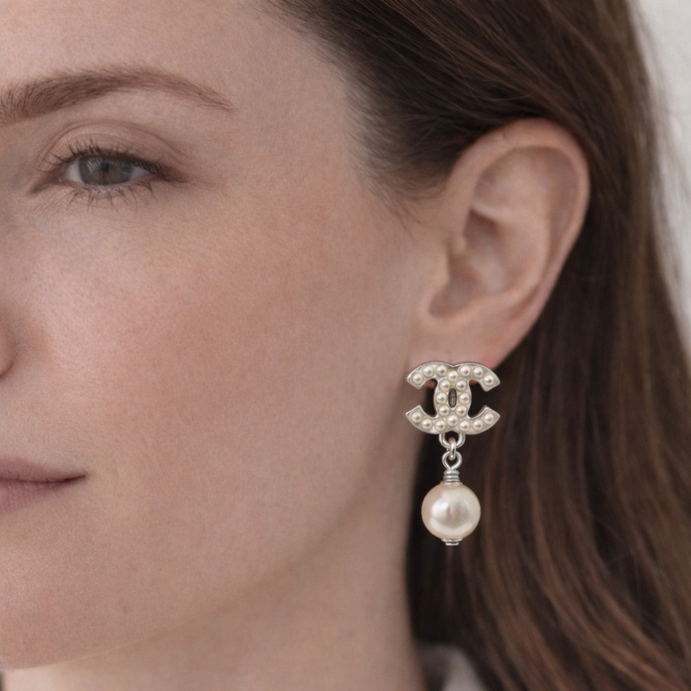 CHANEL Pearl Drop CC Silver and Pearl Earrings