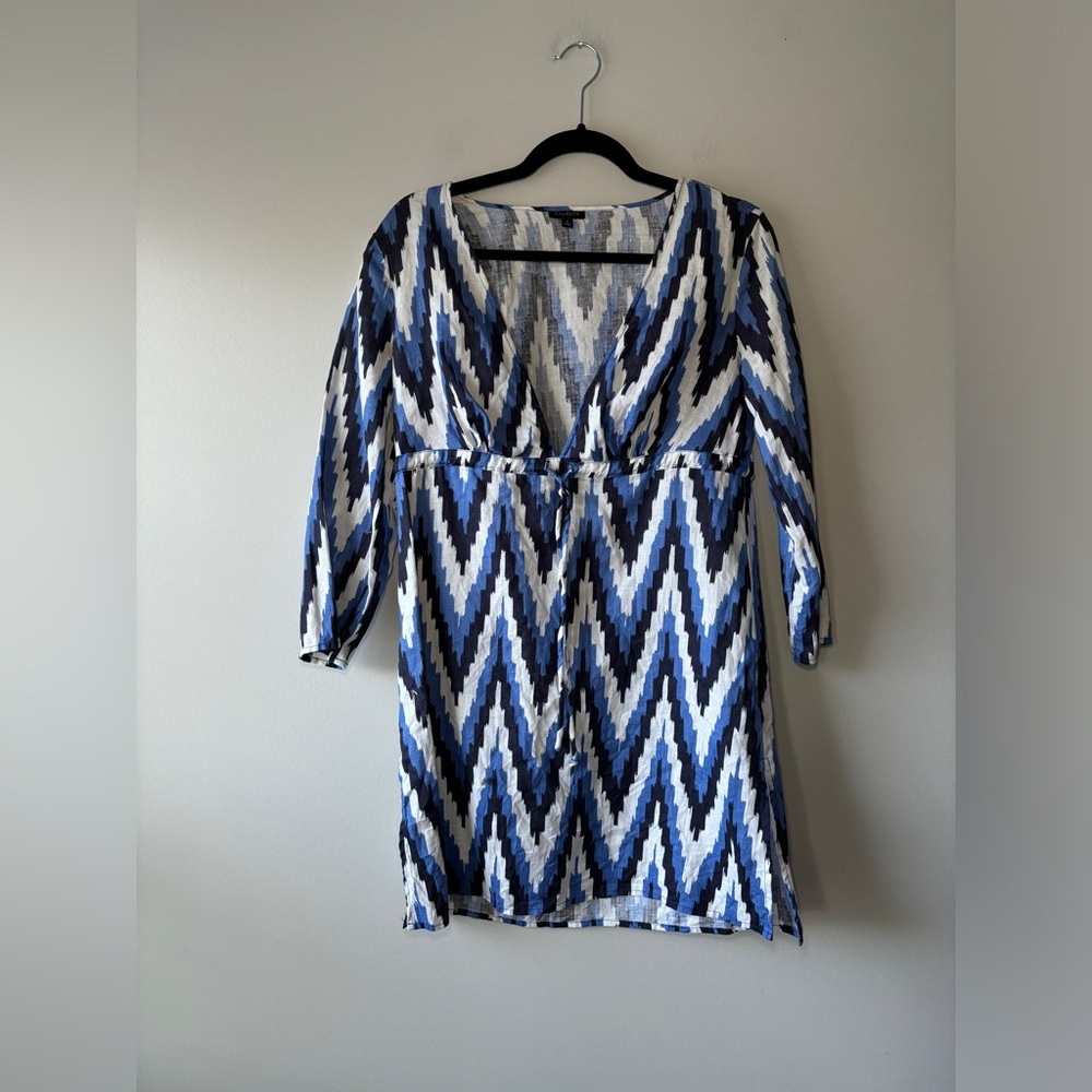 Talbots Women's Linen Caftan Swim Coverup Dress Tie‎ Waist Geometric Size Small