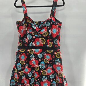 Retro Rockabilly Black Red Blue Flowers V-Neck Fit and Flare Dress Large