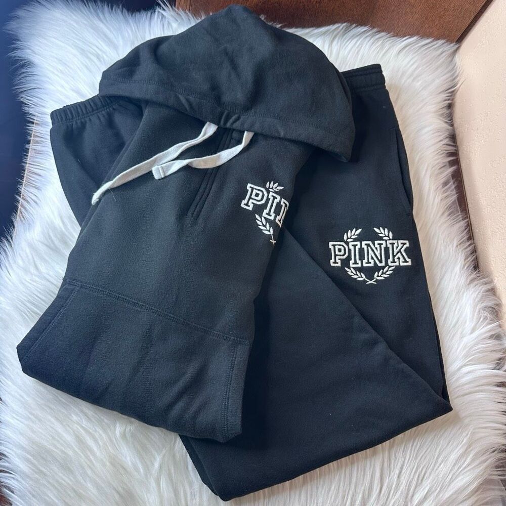 PINK Victorias Secret Black Embroidered Sweat Suit Set Size S/M