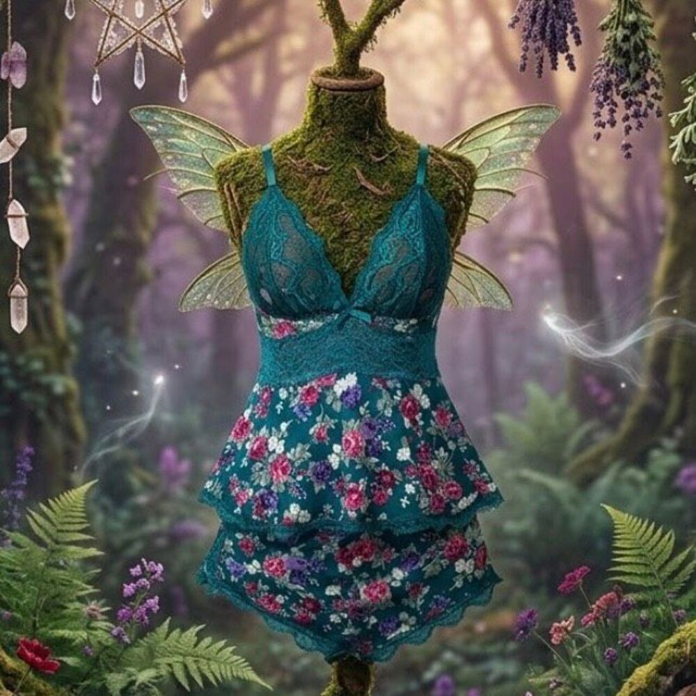 Whimsigoth Teal Floral Lace Babydoll Set - Fairycore Cami & Tap Shorts - Small g